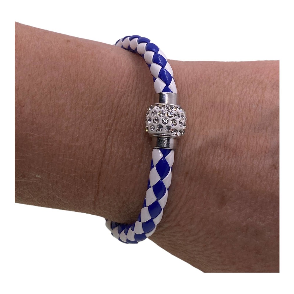7” Royal Blue White Faux Braided Leather Rhinestone Magnetic Bangle Bracelet